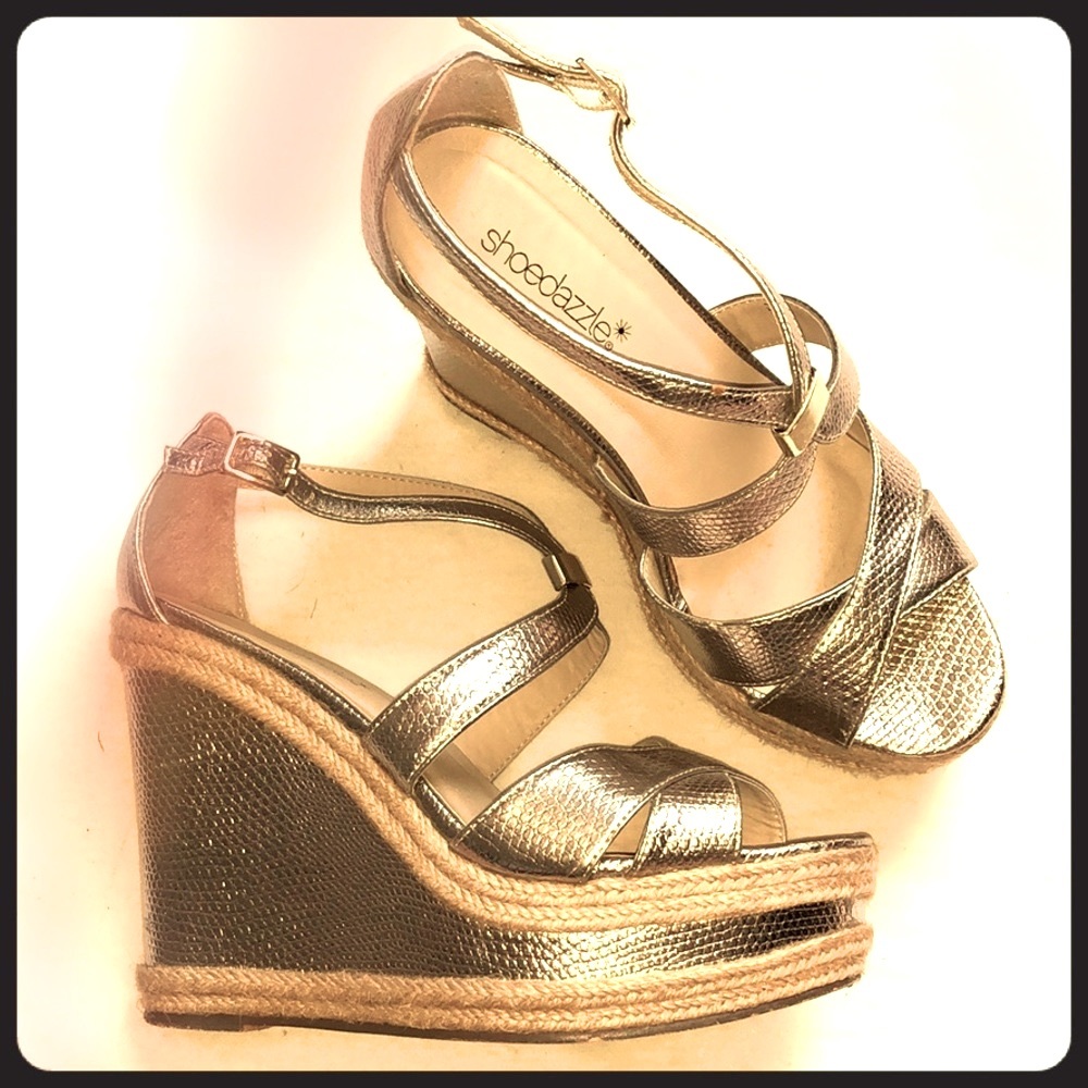 Shoe Dazzle Shaira style metallic platform wedges